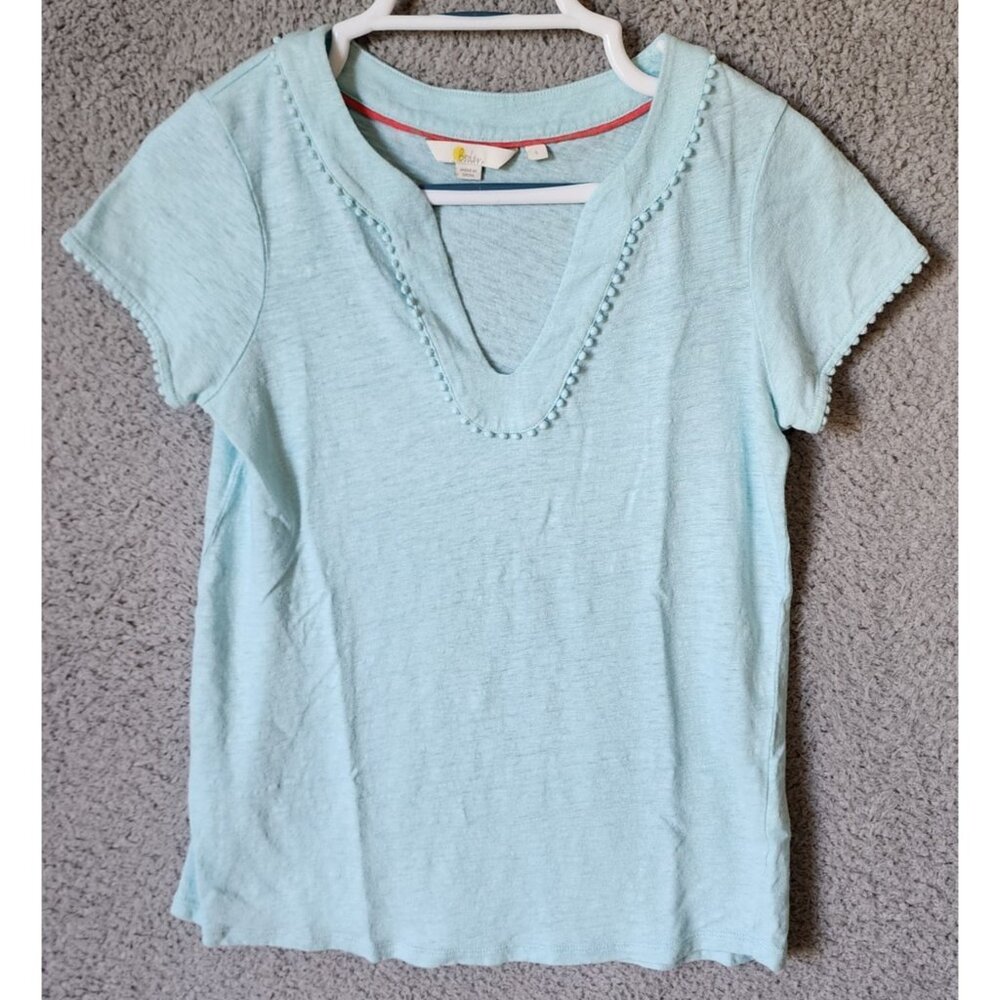 Boden Women's Sz S Short Sleeve V Neck Pom Pom Trim T Shirt Top 100% Linen Blue